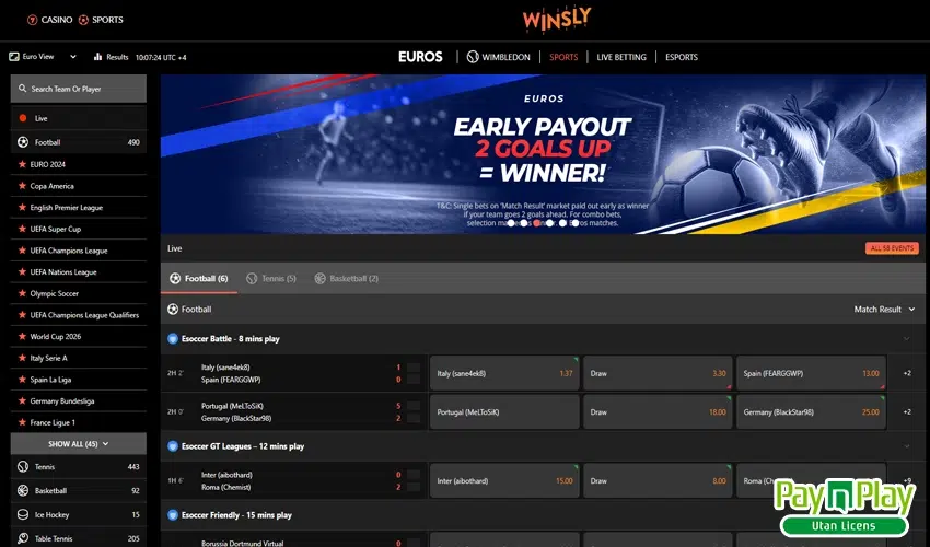 Sports betting sektion hos Winsly casino