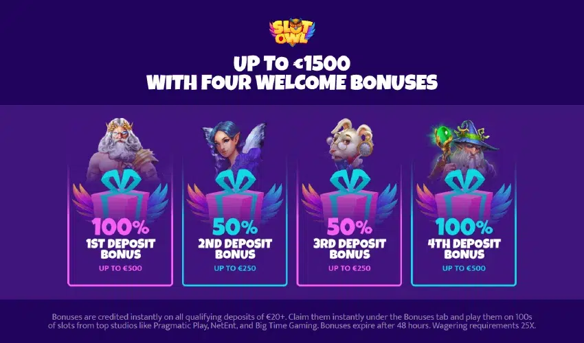 Slot owl casino bonusar. Slot owl up to €1500 with four welcome bonuses. 100% 1st deposit bonus up to €500. 50% 2nd deposit bonus up to €250. 50% 3rd deposit bonus up to €250. 100% 4th deposit bonus up to €500. Bonuses are credited instantly on all qualifying deposits of €20+. Claim them instantly under the Bonuses tab and play them on 100s of slots from top studious like Pragmatic Play, Netent, and Big Time Gaming. Bonuses expire after 48 hours. Wagering requirements 25X.