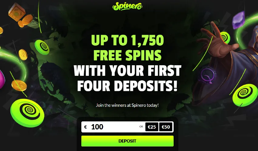 Spinero casino bonusar. Spinero Up to 1,750 free spins with your first four deposits! Join the winners at Spinero today! € 100 or €25 €50 Deposit.