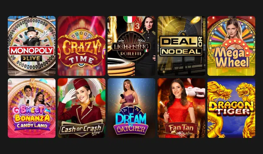 Spelutbudet på Spinero casino. Monopoly live. Crazy Time. Lightning Roulette 500x 500x, Deal or no deal. Mega wheel, Sweet Bonanza Candyland, Cash or crash live, Dream catcher, Fan tan live, Dragon tiger.