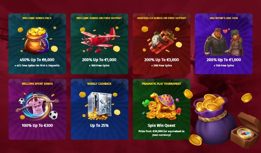 Jettbet casino bonusar. Welcome bonus pack, 450% up to €6,000 + 425 free spins on first 4 deposits. 200% up to €1,000 + 100 free spins. 200% up to €3,000 + 200 free spins. Valentine's day 2026, 200% up to €1,000 + 150 free spins. Welcome sport bonus, 100% up to €300. Weekly cashback up to 25%. Pragmatic Play tournament, Spin win Quest, Prize pool: €30,000 (or equivalent in your currency).