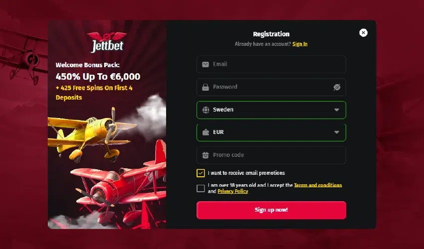 Jettbet casino registrering. Jettbet welcome bonus pack: 450% up to 6,000 + 425 free spins on first 4 deposits. Registration, already have an account? Sign in. Email, Password, Sweden, EUR, Promo code, I want to receive email promotions, I am over 18 years old and I accept the Terms and conditions and Privacy policy. Sign up now!