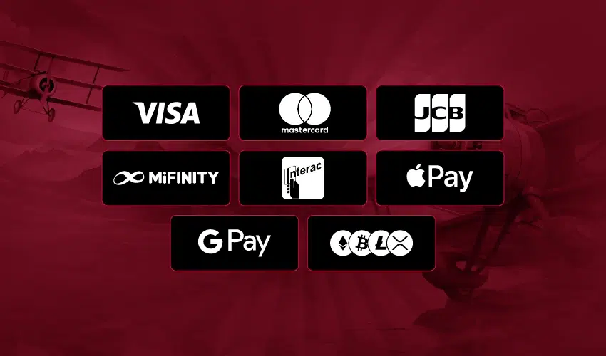 Jettbet casino betalningsmetoder. Visa, Mastercard, JCB, Mifinity, Interac, Apple pay, Google Pay, Ethereum, Bitcoin, Litecoin, XRP.