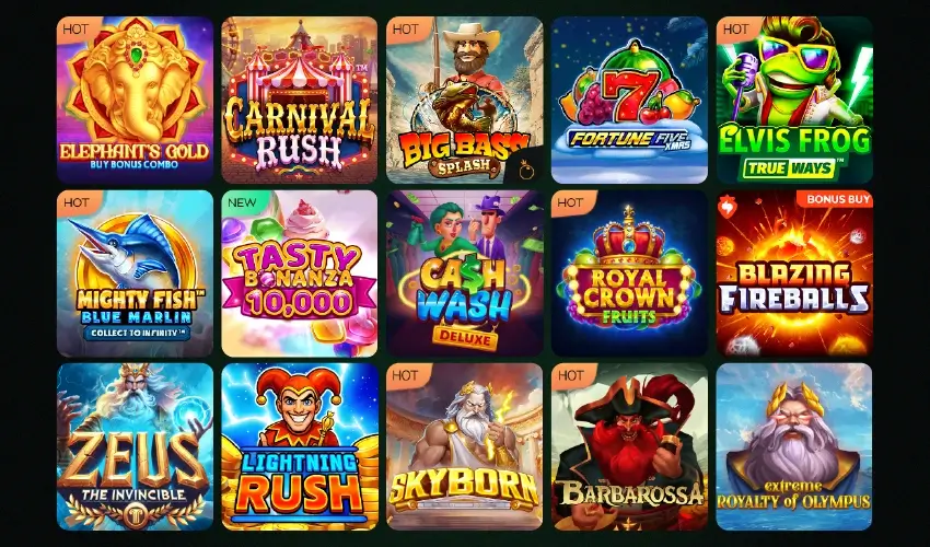 Ritzo casino spelutbud. Hot Elephant's Gold Buy bonus combo. Carnival Rush. Hot Big Bass Splash. 7 Fortune Five XMas. Hot Elvis Frog True Ways TM. Hot Mighty Fight TM, Blue Marlin, Collect to Infinity TM, New Tasty Bonanza 10,000, Cash Wash Deluxe, Hot Royal Crown Fruits, Bonus Buy, Blazing Fireballs, Zeus The invincible, Lightning Rush, Hot Skyborn, Hot Barbarossa, Extreme Royalty of olympus.