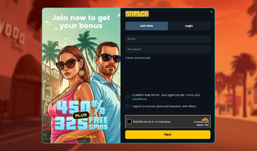 Snatch casino registrering. Join now to get your bonus. 450% plus 325 free spins. Bonus from Snatch. Snatch, join now, login, email, password, I have promocode. I confirm that I'm 18+ and agree to the terms and conditions. I agree to receive personal bonuses and offers. Bekräfta att du är en människa, cloudflare, next.