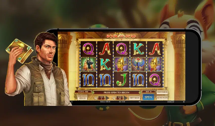Spinline casino på mobilen. Rich Wilde and the Book of Dead. Q, A, Q, K, A, K, 10, 10, J, 10, Q, Coins: 5000, Press spin to being, Bet: 50. Paytable. Coin value €0.10, coins 5, lines 10, Bet max, spin, auto play, play'n GO.