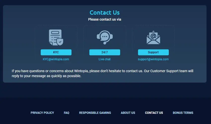 Wintopia casinos kundtjänst. Contact us, please contact us via KYC, KYC@wintopia.com, 24/7 live chat, support, support@wintopia.com. If you have questions or concerns about Wintopia, please don't hesistate to contact us. Our customer support team will reply to your message as quickly as possible. Privacy policy, FAQ, Responsible Gaming, About us, Contact us, Bonus terms.