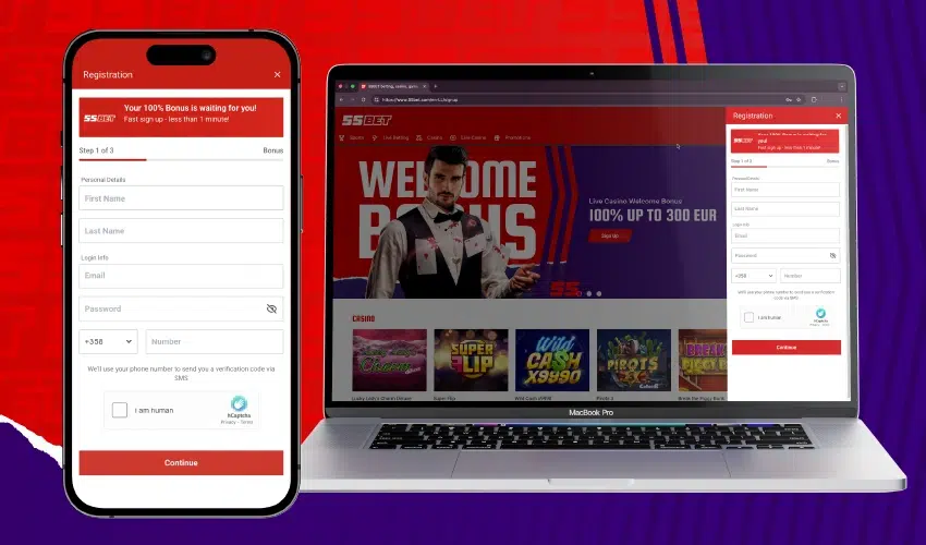 55bet casino registrering. Registration, 55bet Your 100% Bonus is waiting for you! Fast sign up - less than 1 minute! Step 1 of 3 Bonus 
Personal details 
First name 
Last name, 
Login info 
Email 
Passoword 
+358 Number 
We'll use your phone number to send you a verification code via SMS. I am human. Continue. Macbook pro. 55bet. 