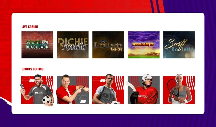 55bet casino spelutbud. Live casino. Unlimited Blackjack. Richie Roulette, Roulette Deluze, Buffallo Blitz, Swift Roulette, Sports betting, 55bet, 55, 55, 55bet. 