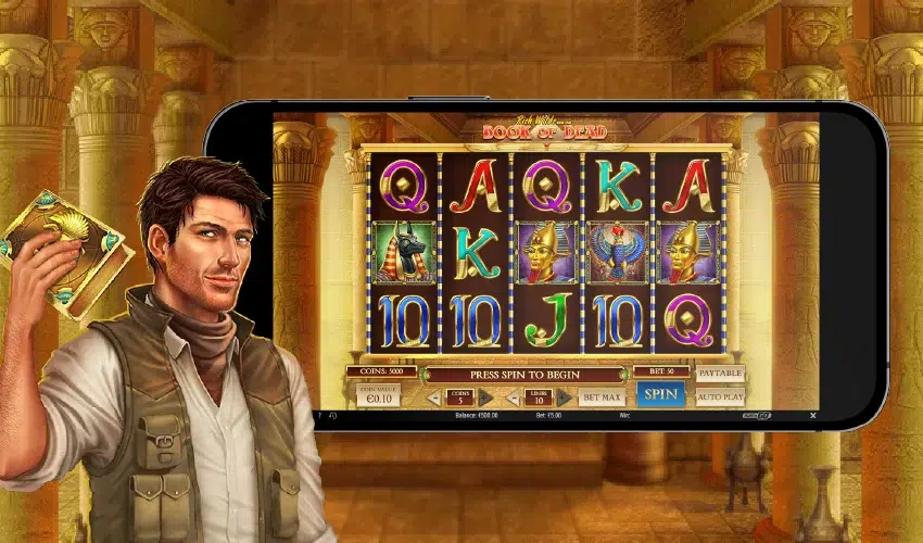 55bet casino på mobilen. Rich Wilde, Book of Dead, Q, A, Q, K, A, K, 10, 10, J, 10, Q. Coins: 5000, Press spin to begin, Bet 50, paytable, coin value €0.10, Bet max, Spin, Autoplay, Play'n GO. 