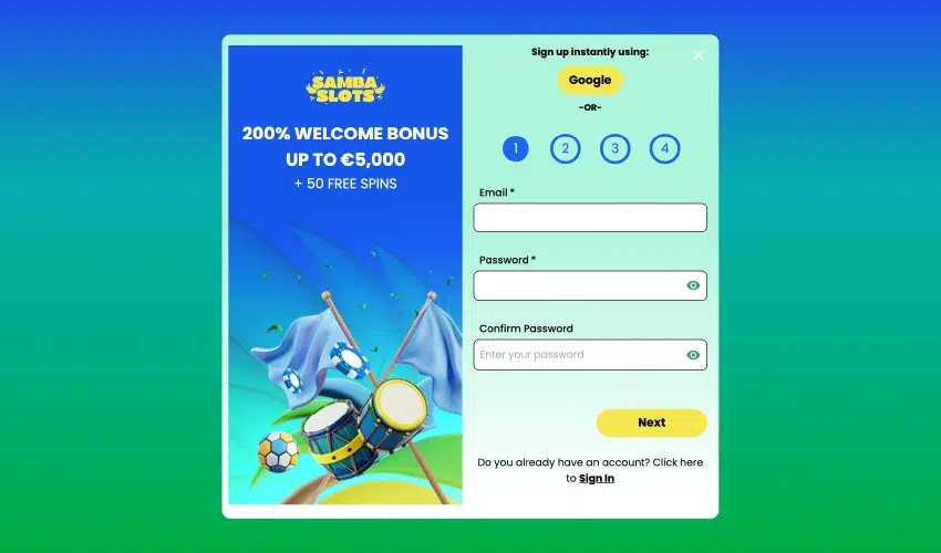 Samba slots casino registrering. Samba slots 200% welcome bonus up to €5,000 + 50 free spins. Sign up instantly using Google or 1, 2, 3, 4, Email*, Password*, Confirm password*. Next. Do you already have an account? Click here to Sign in.