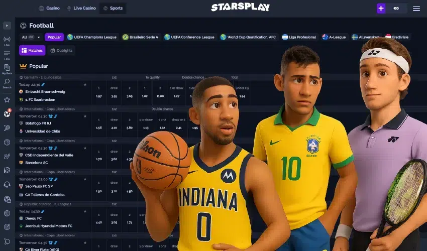 Starsplay casino sportsbook, Casino, Live casino, Sports, Football, popular, UEFA Champions League, Brasliero Serie A, EUEFA Coneference League, World cup qualification, AFC, Liga Profesional, A-League, Allsvenska, Eredvisible, Matches, Outrights, Popular.