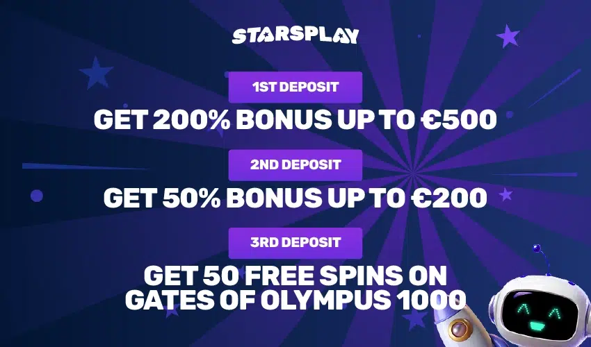 Starsplay casino bonusar. 1st deposit get 200% bonus up to €500. 2nd deposit. Get 50% bonus up to €200. 3rd deposit Get 50 free spins on Gates of olympus 1000.