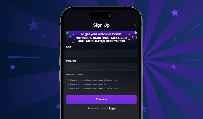 Starsplay casino registrering. Sign up To get your welcome bonus: 1st: 200% €500, 2nd: 50% €200, 3rd: 50 FS Gates of Olympus. Email, Password, Password should contain at least 8 characters, password should contain a number, password should contain at least 1 capital letter. Continue. Have an account? Login.