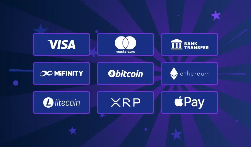 Starsplay casino betalningsmetoder. Visa, Mastercard, Bank transfer, Mifinity, Bitcoin, Ethereum, Litecoin, XRP, Pay.