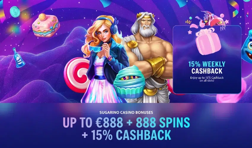 Sugarino casino bonusar 
15% weekly cashback 
Enjoy up to 15% cashback on all slots! Sugarino casino bonuses
Up to €888 spins + 15% Cashback