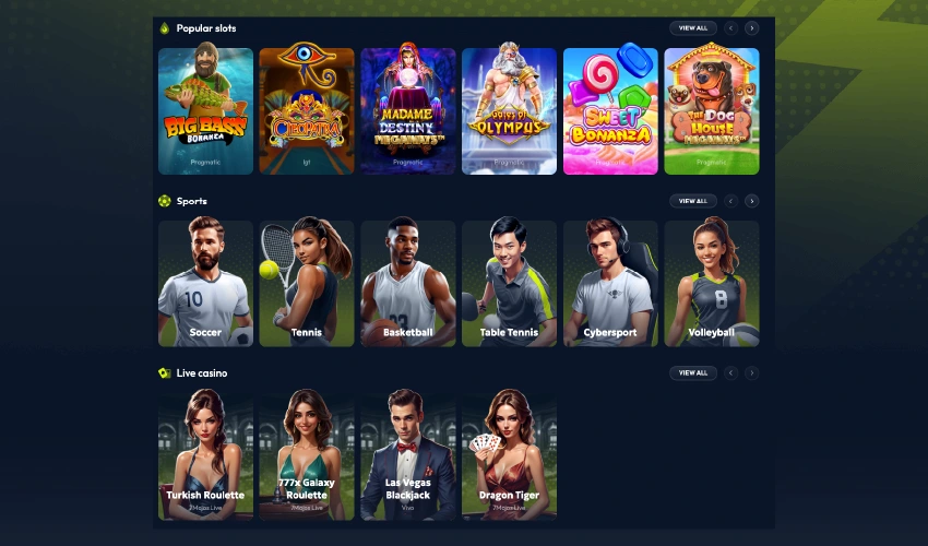 Winzter casino spelutbud. Popular slots. Big bass bonanza, Cleopatra, Madame Destiny Megaways, Gates of Olympus, Sweet Bonanza, The Dog House Megaways. Sports, Soccer, Tennis Basketball, Table tennis, Cybersport, Volleyball, Live casino, Turkish Roulette, 777x Galaxy Roulette, Las Vegas Blackjack, Dragon Tiger.