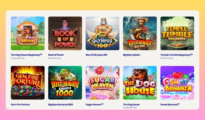 Lysti casino spelutbud. The Dog house Megaways Pragmatic Play, Book of Power Relax Gaming, Rise of Olympus 100, Big Bass Splash, Temple Tumle Megaways Relax Gaming, Gem Fire Fortune, Big Bass Bonanza 1000, Sugar Heaven, The Dog House Pragmatic Play, Sweet Bonanza